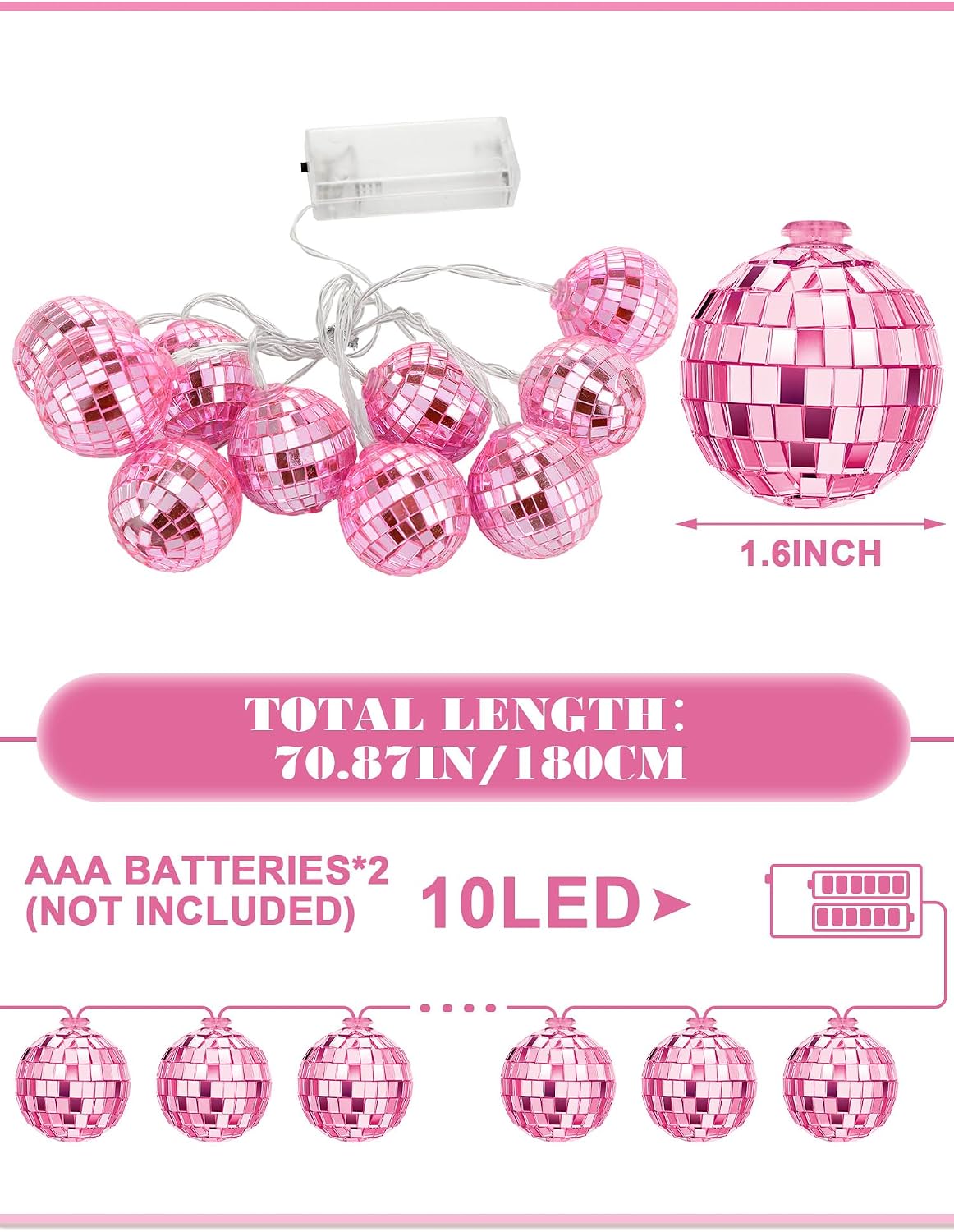 10/20 LED Disco Ball String Lights, 1.57 Inch, Rose Pink