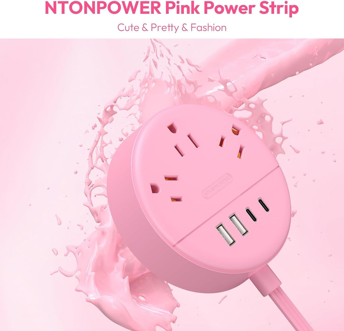 Pink 2 Prong Power Strip with USB C, Pink Extension Cord 10 FT, 2 Prong to 3 Prong Outlet Adapter, 180° Rotatable Plug, 3 Outlets 4 USB Ports, Non-Grounded Outlets for Vanity Desk, Travel