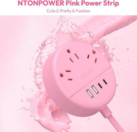 Pink 2 Prong Power Strip with USB C, Pink Extension Cord 10 FT, 2 Prong to 3 Prong Outlet Adapter, 180° Rotatable Plug, 3 Outlets 4 USB Ports, Non-Grounded Outlets for Vanity Desk, Travel
