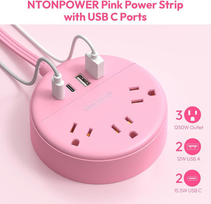 Pink 2 Prong Power Strip with USB C, Pink Extension Cord 10 FT, 2 Prong to 3 Prong Outlet Adapter, 180° Rotatable Plug, 3 Outlets 4 USB Ports, Non-Grounded Outlets for Vanity Desk, Travel