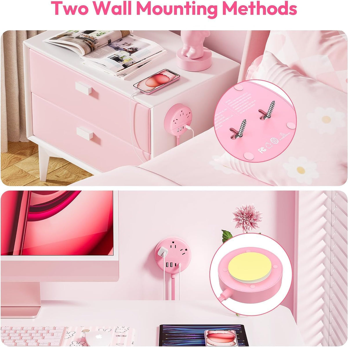 Pink 2 Prong Power Strip with USB C, Pink Extension Cord 10 FT, 2 Prong to 3 Prong Outlet Adapter, 180° Rotatable Plug, 3 Outlets 4 USB Ports, Non-Grounded Outlets for Vanity Desk, Travel