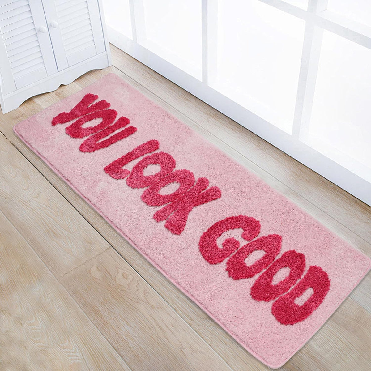 You Look Good Bathroom Rug, Hot Pink, 20''x60'' Soft Plush, Super Water Absorbent, Non-Slip Backing, Easy Cleaning, Vibrant Decor
