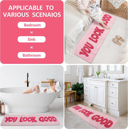 You Look Good Bathroom Rug, Hot Pink, 20''x60'' Soft Plush, Super Water Absorbent, Non-Slip Backing, Easy Cleaning, Vibrant Decor