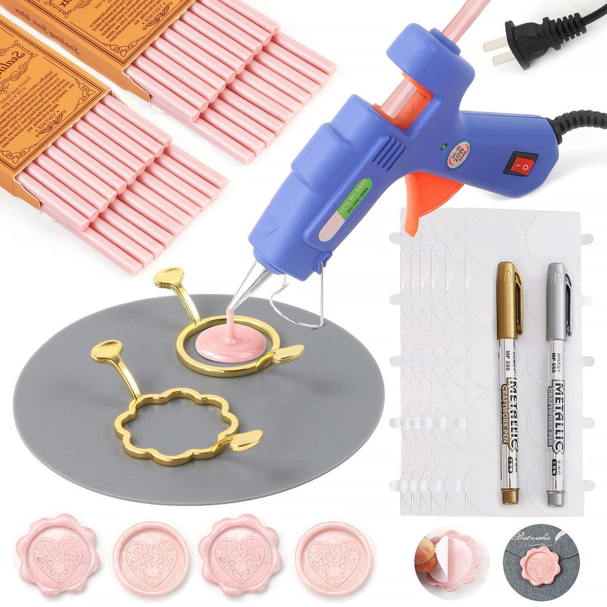 Wax Seal Kit, 40Pcs Pearl Pink Sealing Wax Sticks with Glue Gun, Wax Seal Molds, Silicone Mat, Marker Pens, Premium Kit for Wedding Invitations Envelopes Cards (Pearl Pink)