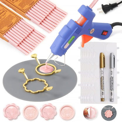 Wax Seal Kit, 40Pcs Pearl Pink Sealing Wax Sticks with Glue Gun, Wax Seal Molds, Silicone Mat, Marker Pens, Premium Kit for Wedding Invitations Envelopes Cards (Pearl Pink)