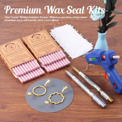 Wax Seal Kit, 40Pcs Pearl Pink Sealing Wax Sticks with Glue Gun, Wax Seal Molds, Silicone Mat, Marker Pens, Premium Kit for Wedding Invitations Envelopes Cards (Pearl Pink)