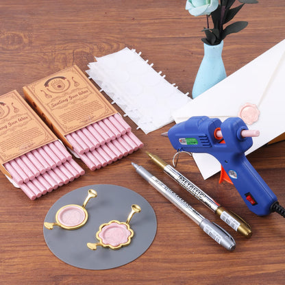Wax Seal Kit, 40Pcs Pearl Pink Sealing Wax Sticks with Glue Gun, Wax Seal Molds, Silicone Mat, Marker Pens, Premium Kit for Wedding Invitations Envelopes Cards (Pearl Pink)