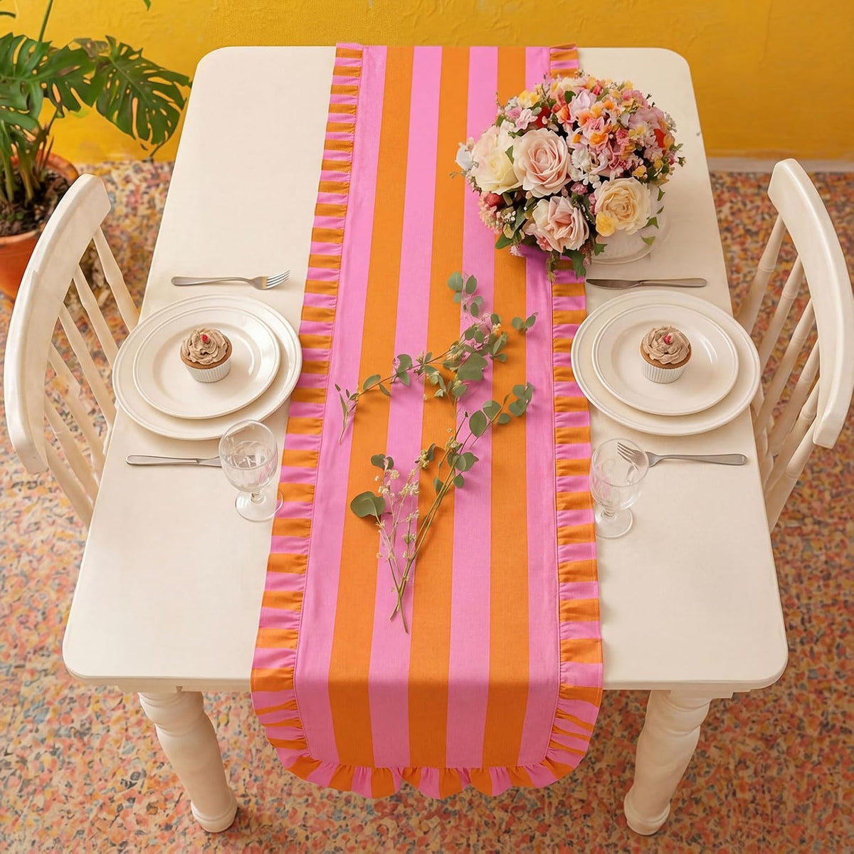 Ruffle Edge Striped Table Runner, 118x15.7 Inch, Pink Orange