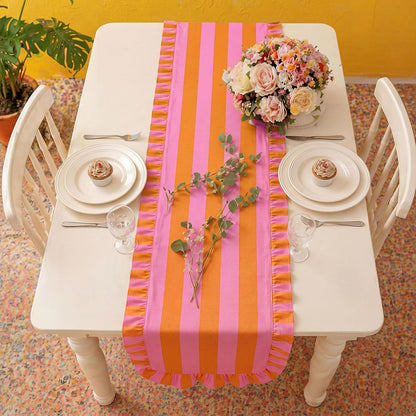 Ruffle Edge Striped Table Runner, 118x15.7 Inch, Pink Orange