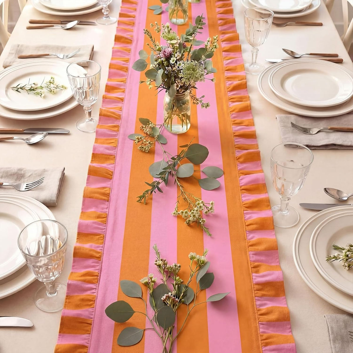 Ruffle Edge Striped Table Runner, 118x15.7 Inch, Pink Orange