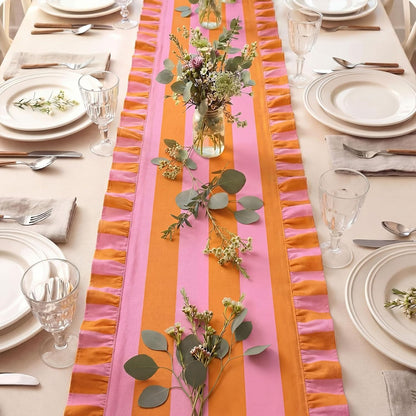 Ruffle Edge Striped Table Runner, 118x15.7 Inch, Pink Orange