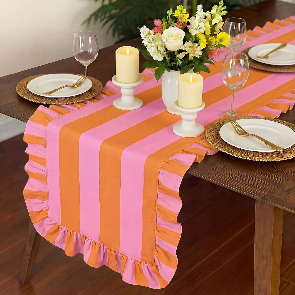 Ruffle Edge Striped Table Runner, 118x15.7 Inch, Pink Orange
