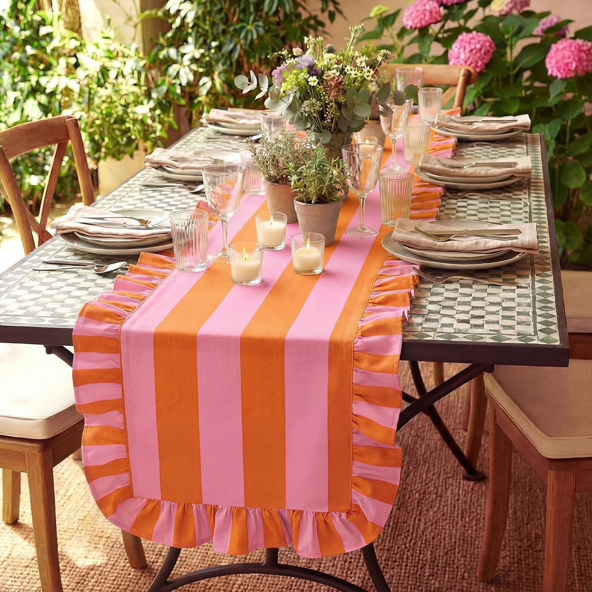 Ruffle Edge Striped Table Runner, 118x15.7 Inch, Pink Orange