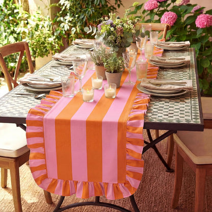 Ruffle Edge Striped Table Runner, 118x15.7 Inch, Pink Orange