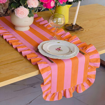 Ruffle Edge Striped Table Runner, 118x15.7 Inch, Pink Orange