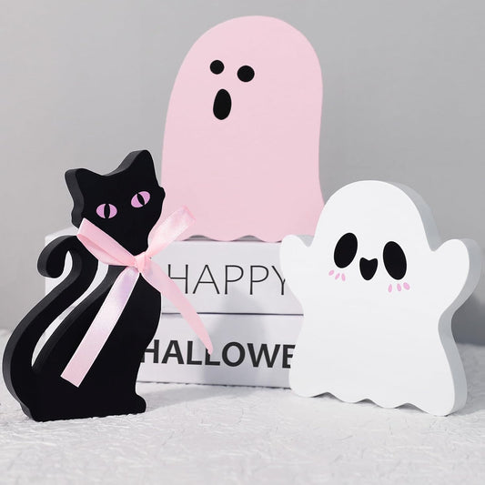 3Pcs Pink Cute Halloween Decor, Pink Ghost Decor Pastel Halloween Tiered Tray Decorations Indoor Ghost Cat Wooden Decors for Office Home Decoration
