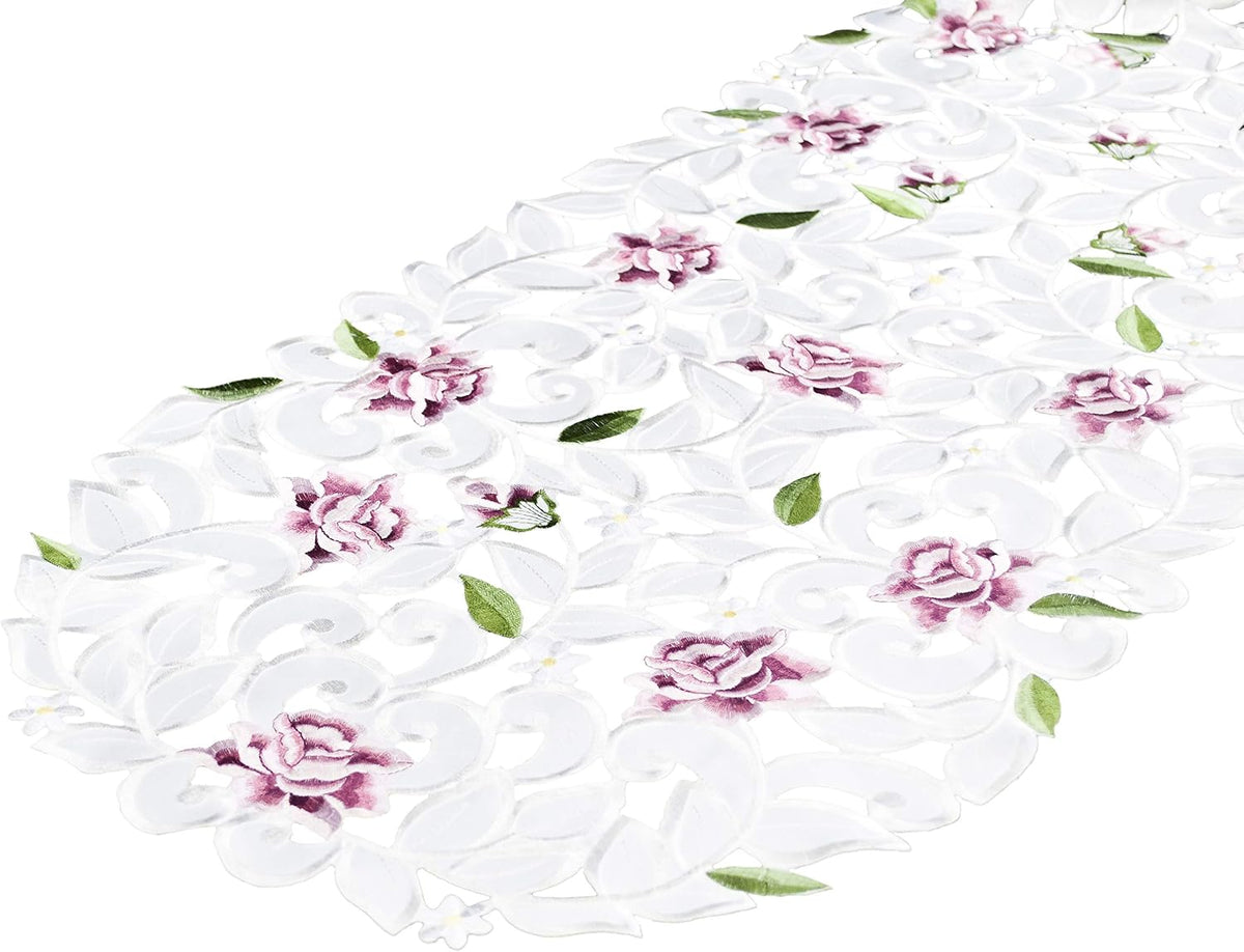 Light Pink Cut Work Roses on Ivory Fabric Table Runner, Dresser Scarf (14Wx54L)