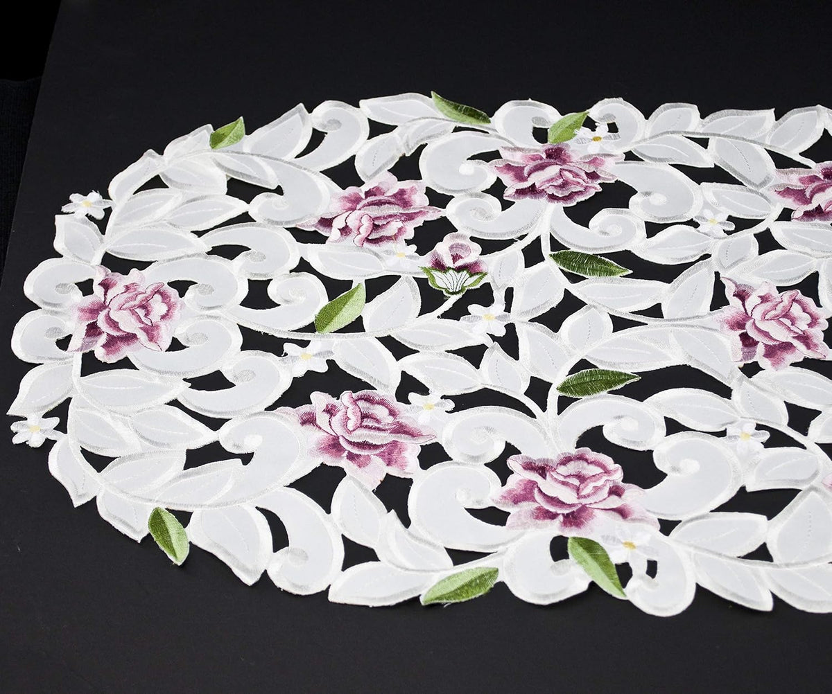Light Pink Cut Work Roses on Ivory Fabric Table Runner, Dresser Scarf (14Wx54L)