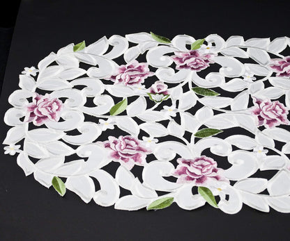 Light Pink Cut Work Roses on Ivory Fabric Table Runner, Dresser Scarf (14Wx54L)