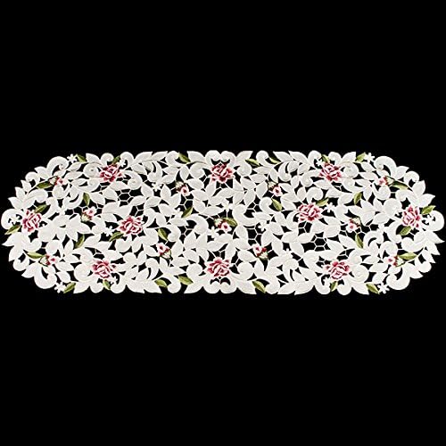 Light Pink Cut Work Roses on Ivory Fabric Table Runner, Dresser Scarf (14Wx54L)