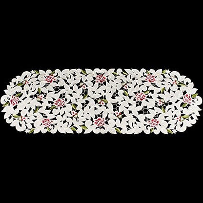 Light Pink Cut Work Roses on Ivory Fabric Table Runner, Dresser Scarf (14Wx54L)