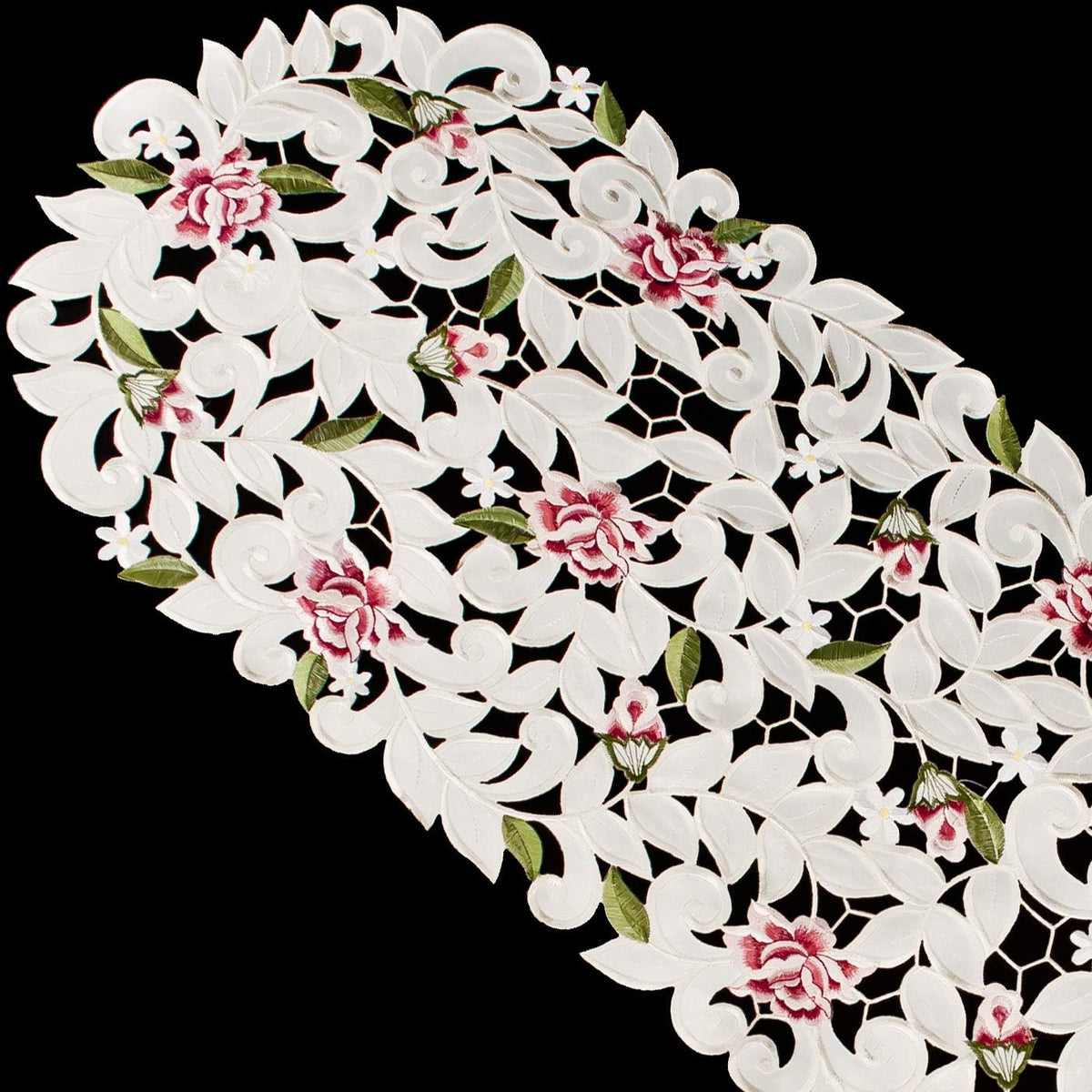 Light Pink Cut Work Roses on Ivory Fabric Table Runner, Dresser Scarf (14Wx54L)