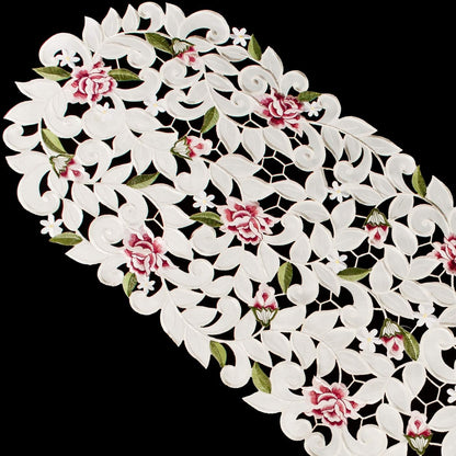 Light Pink Cut Work Roses on Ivory Fabric Table Runner, Dresser Scarf (14Wx54L)