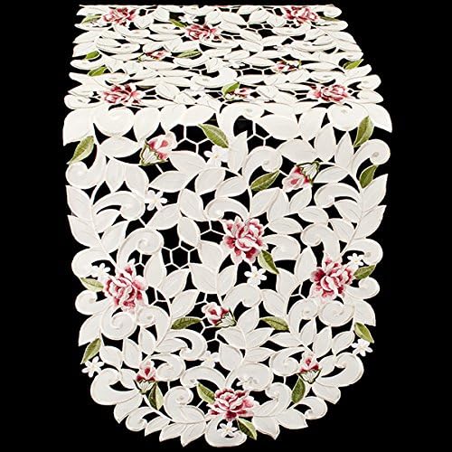 Light Pink Cut Work Roses on Ivory Fabric Table Runner, Dresser Scarf (14Wx54L)