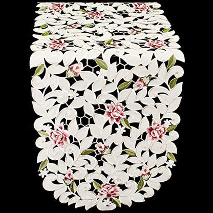 Light Pink Cut Work Roses on Ivory Fabric Table Runner, Dresser Scarf (14Wx54L)