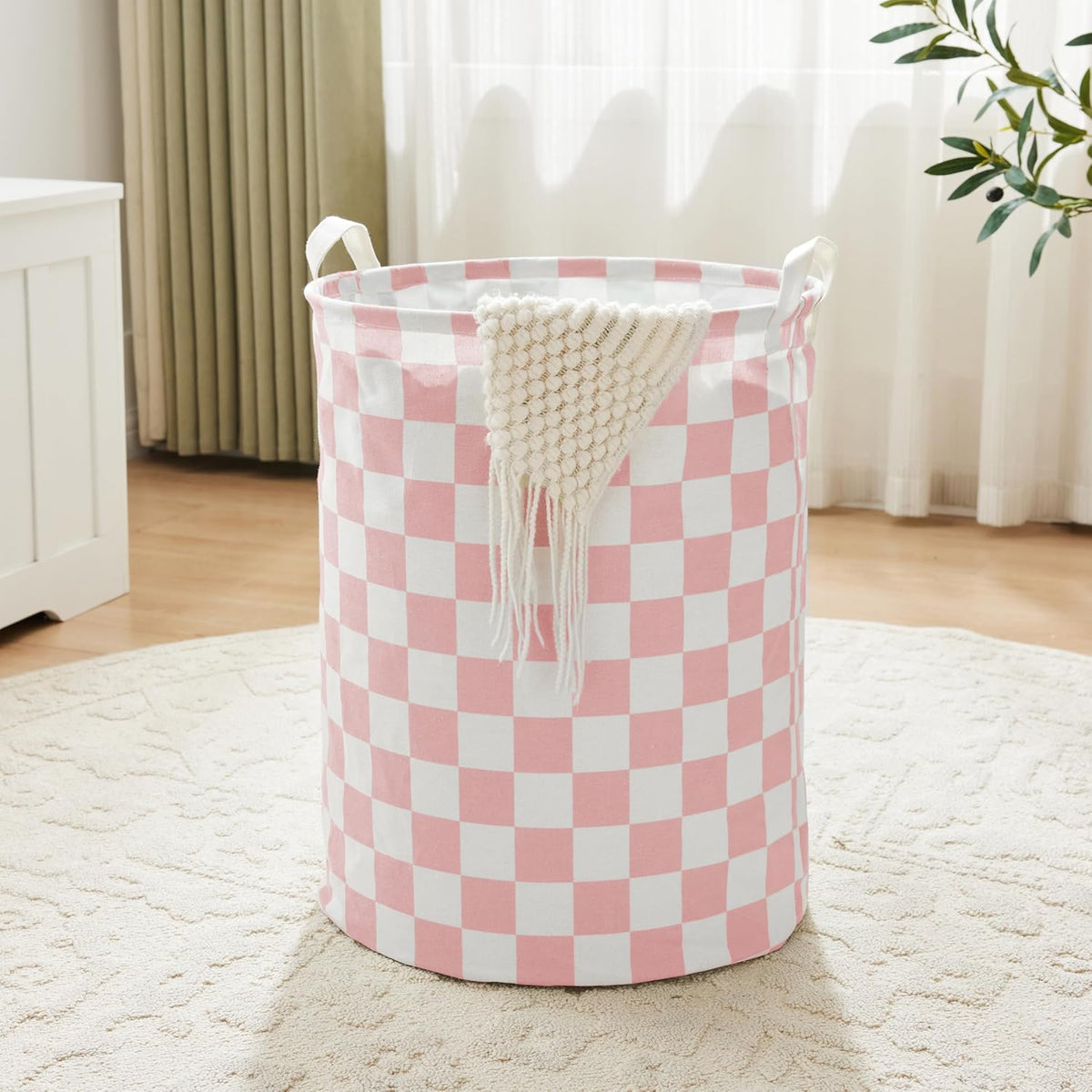 Pink Checkered Laundry Basket, Collapsible Aesthetic Cute Canvas Organizer Hamper Basket for Storage, Toy Bins, Bedroom Clothes, Children Nursery, Gift Basket