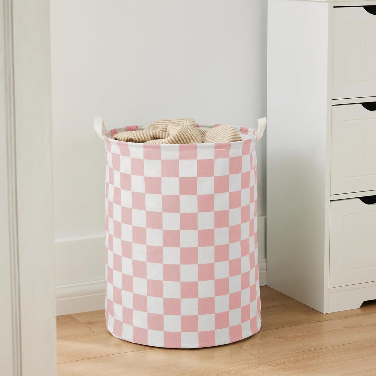 Pink Checkered Laundry Basket, Collapsible Aesthetic Cute Canvas Organizer Hamper Basket for Storage, Toy Bins, Bedroom Clothes, Children Nursery, Gift Basket