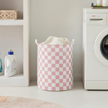 Pink Checkered Laundry Basket, Collapsible Aesthetic Cute Canvas Organizer Hamper Basket for Storage, Toy Bins, Bedroom Clothes, Children Nursery, Gift Basket