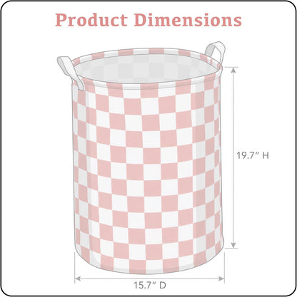 Pink Checkered Laundry Basket, Collapsible Aesthetic Cute Canvas Organizer Hamper Basket for Storage, Toy Bins, Bedroom Clothes, Children Nursery, Gift Basket
