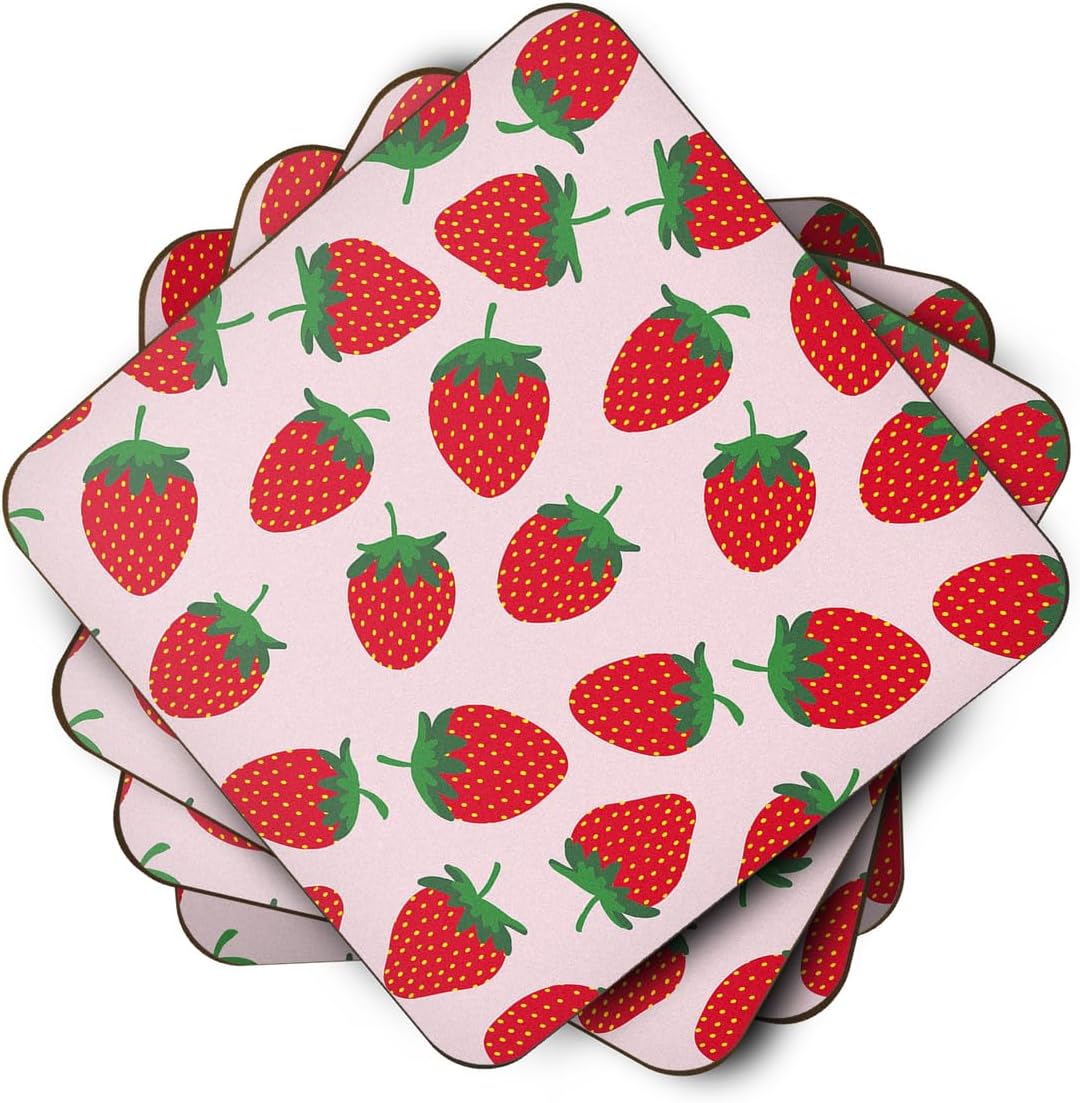 Strawberries On Pink Foam Coaster Set of 4, 3.5, Multicolor