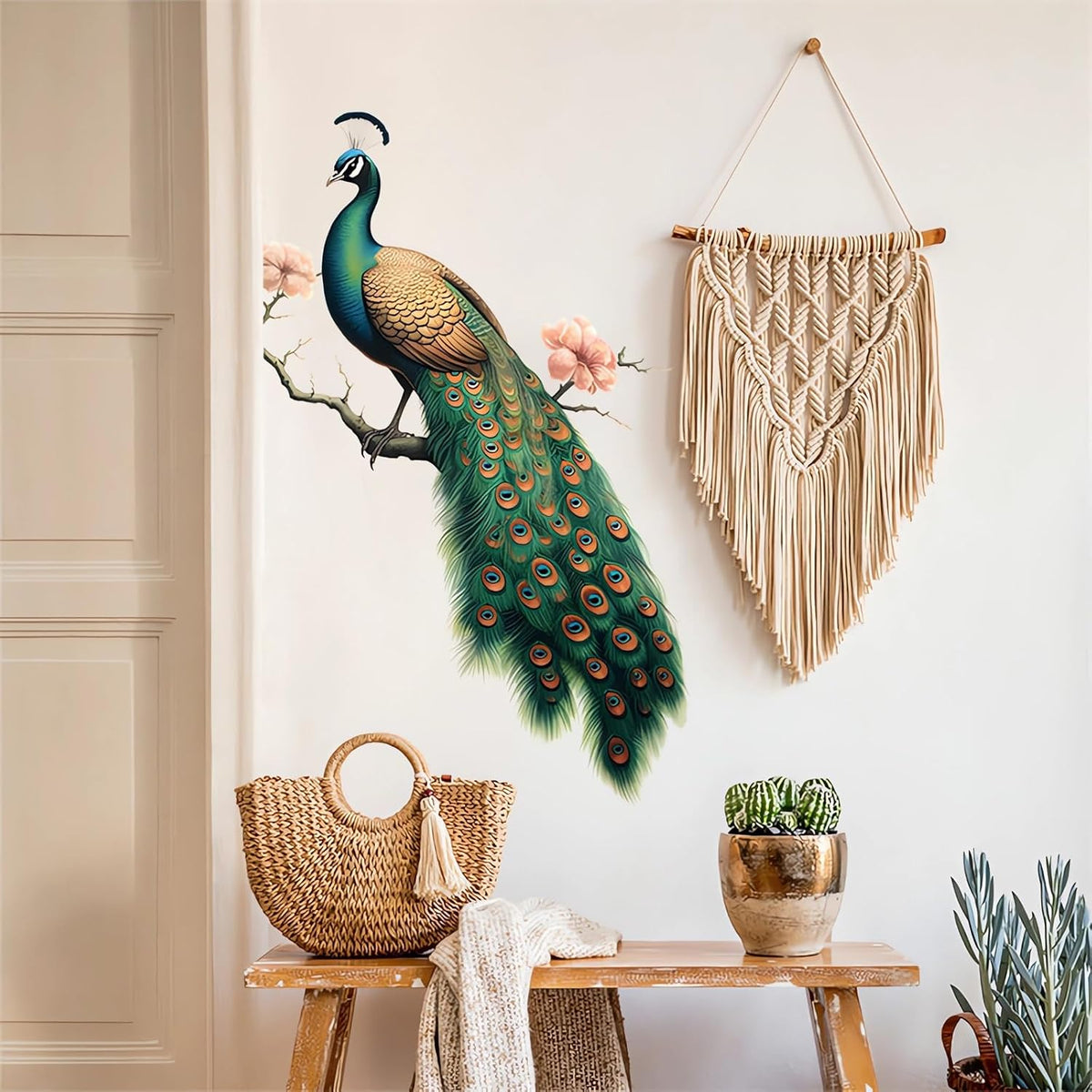 Green Peacock Peach Blossom Painted Wall Stickers Wall Art Decals