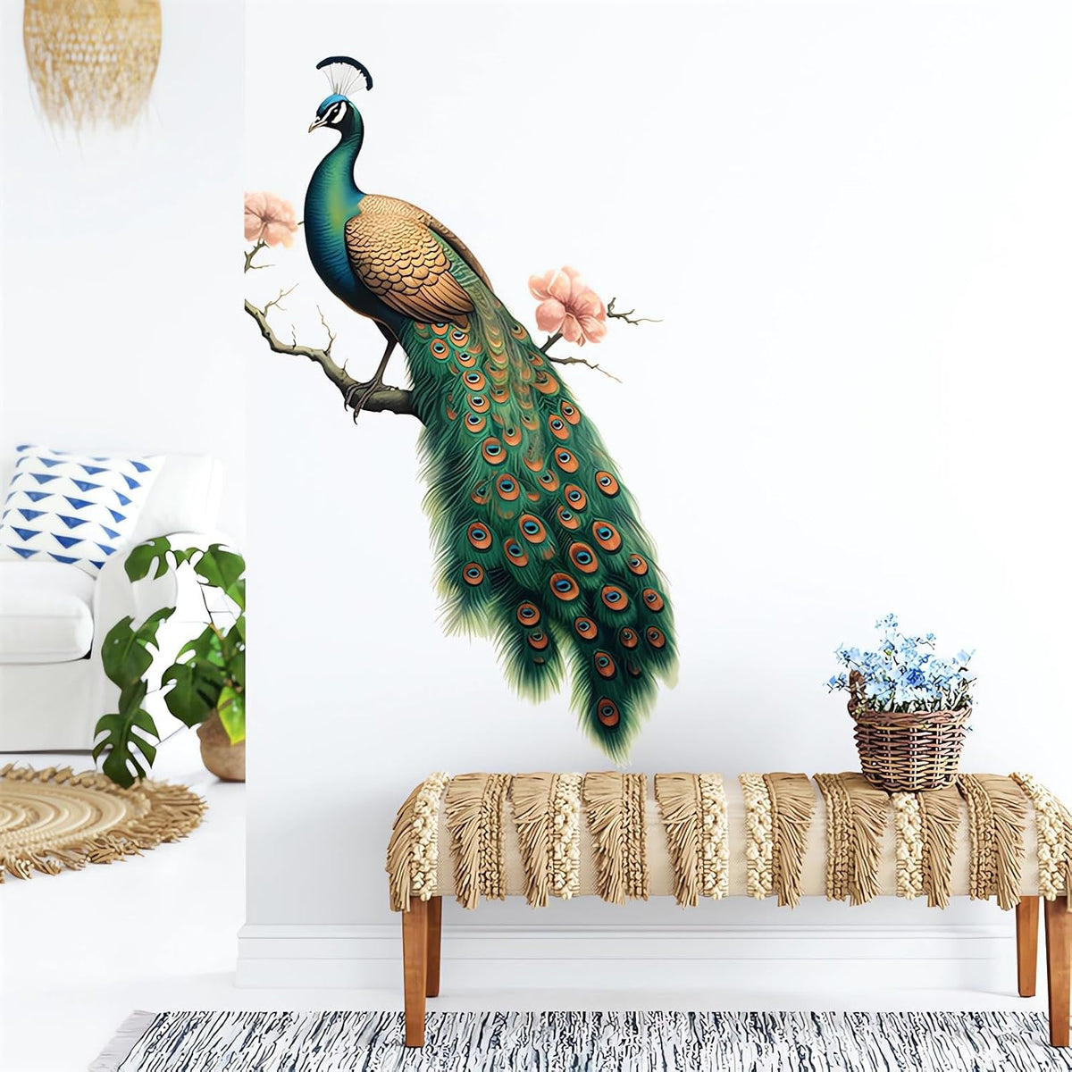 Green Peacock Peach Blossom Painted Wall Stickers Wall Art Decals