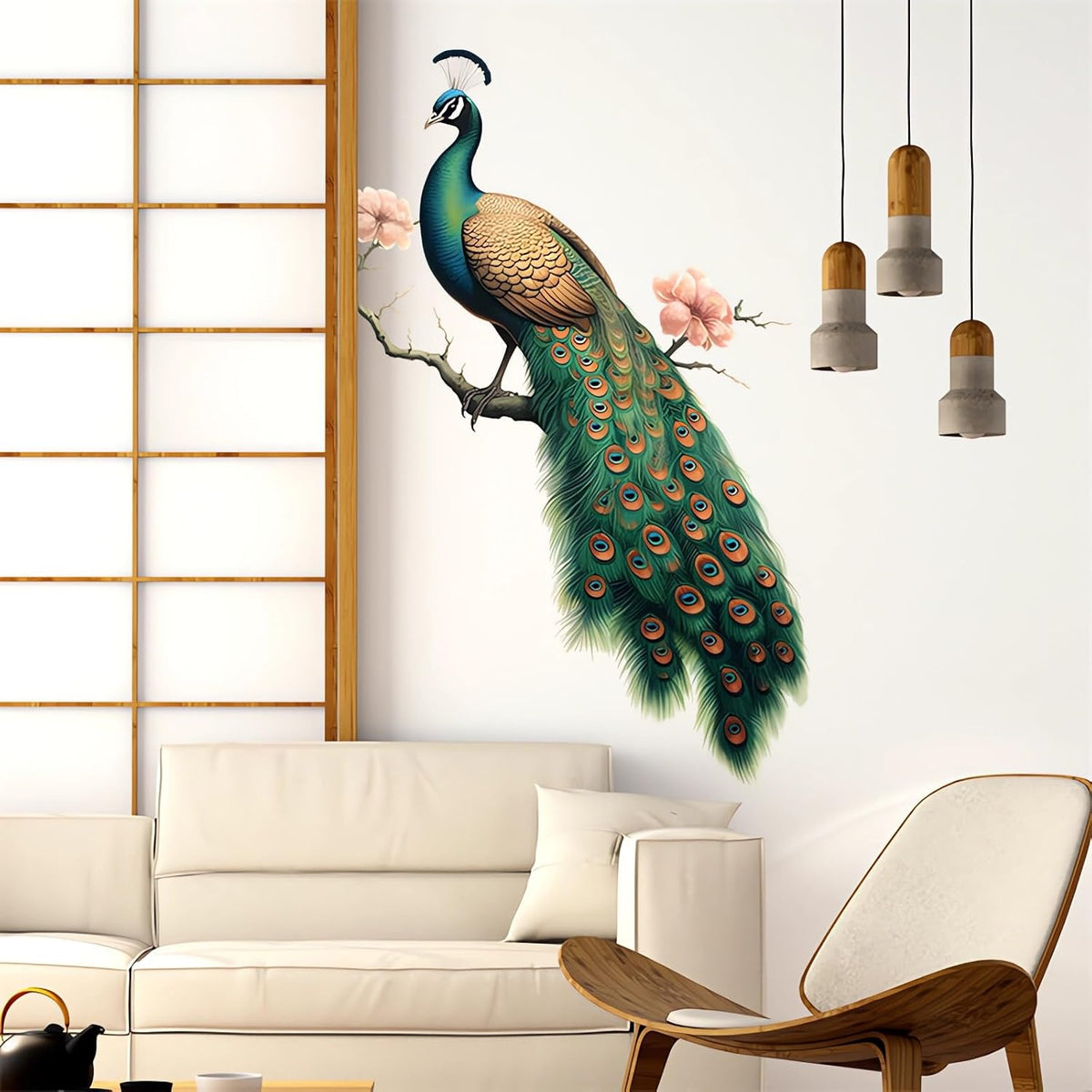 Green Peacock Peach Blossom Painted Wall Stickers Wall Art Decals