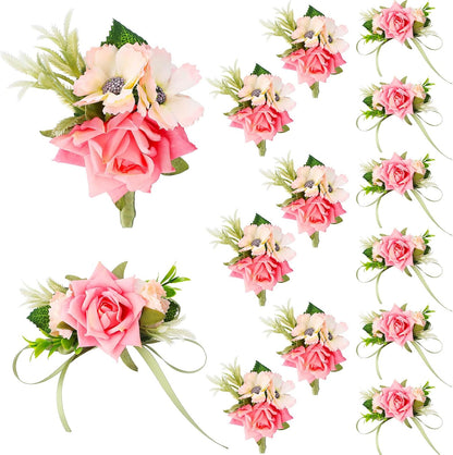12 Pcs Boutonniere and Corsage for Wedding Mother's Day Party Flower Wrist Corsages with Pins for Men Women Groom Bride Groomsmen Prom Ceremony Anniversary Dinner Decor(Pink)