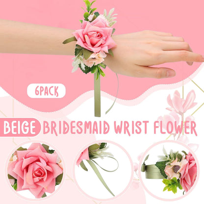12 Pcs Boutonniere and Corsage for Wedding Mother's Day Party Flower Wrist Corsages with Pins for Men Women Groom Bride Groomsmen Prom Ceremony Anniversary Dinner Decor(Pink)