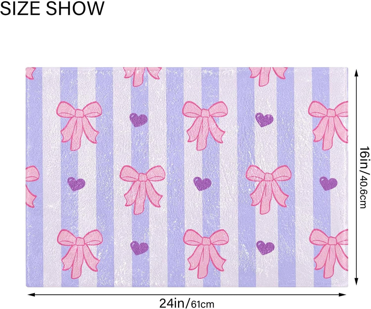 Pink Bows and Stripes Bathroom Rugs, Ultra Soft Absorbent Plush 16” x 24” Bath Mats, Non-Slip Machine Washable Shaggy Floor Rugs for Bathroom Tub
