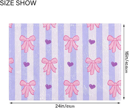 Pink Bows and Stripes Bathroom Rugs, Ultra Soft Absorbent Plush 16” x 24” Bath Mats, Non-Slip Machine Washable Shaggy Floor Rugs for Bathroom Tub