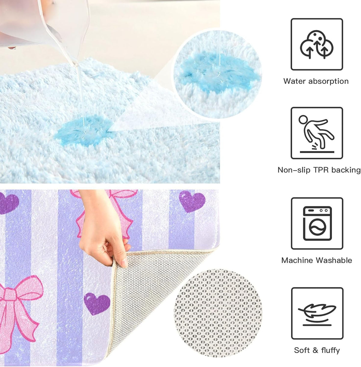Pink Bows and Stripes Bathroom Rugs, Ultra Soft Absorbent Plush 16” x 24” Bath Mats, Non-Slip Machine Washable Shaggy Floor Rugs for Bathroom Tub