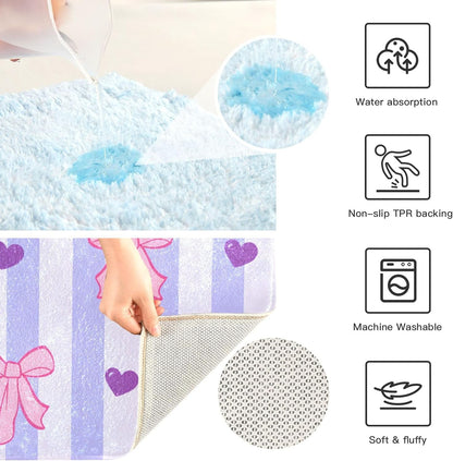 Pink Bows and Stripes Bathroom Rugs, Ultra Soft Absorbent Plush 16” x 24” Bath Mats, Non-Slip Machine Washable Shaggy Floor Rugs for Bathroom Tub