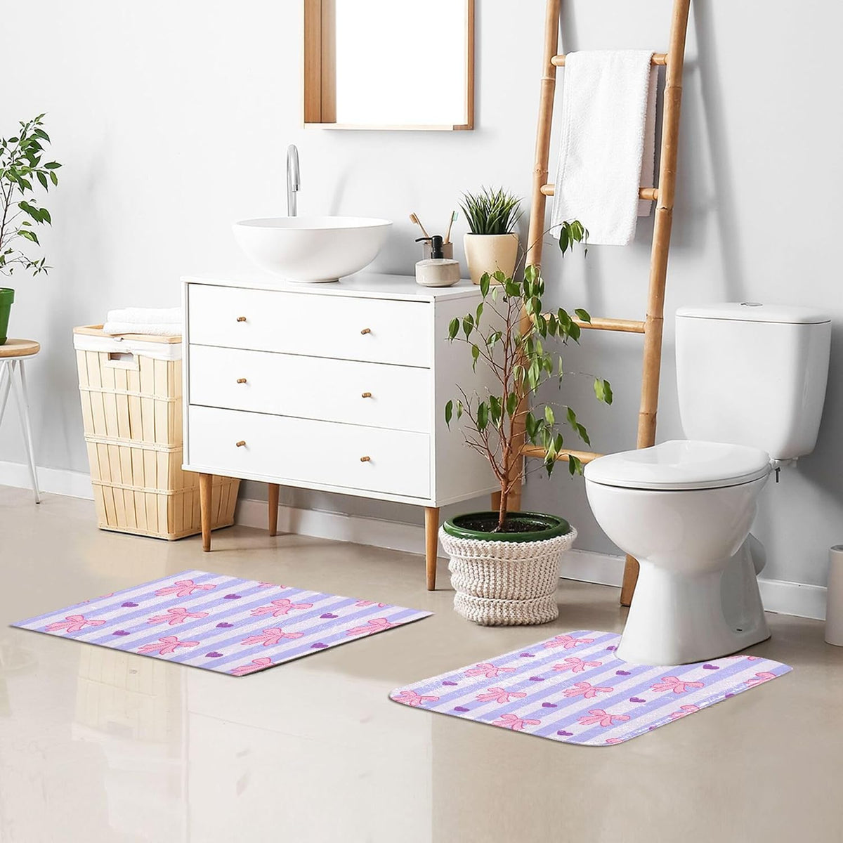 Pink Bows and Stripes Bathroom Rugs, Ultra Soft Absorbent Plush 16” x 24” Bath Mats, Non-Slip Machine Washable Shaggy Floor Rugs for Bathroom Tub
