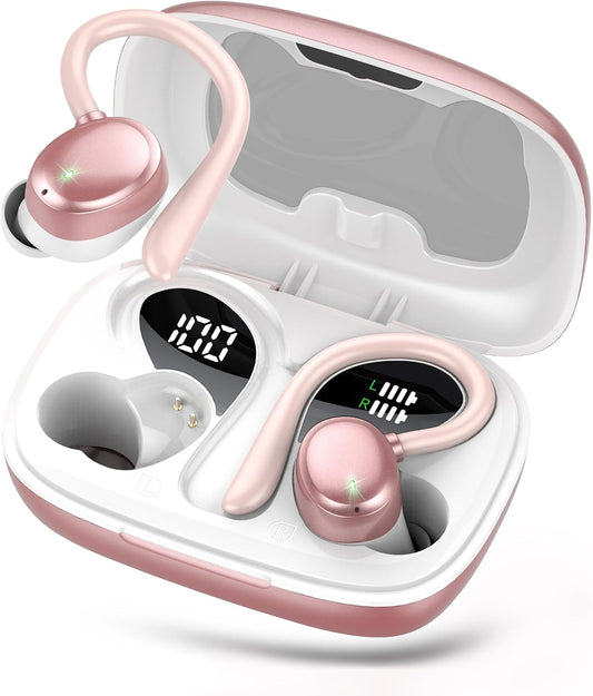 Bluetooth Headphones Wireless Earbuds 72hrs Playtime Wireless Charging Case Digital Display, Ear Buds with Earhook,IPX7 Waterproof, Deep Bass 2.0,Over-Ear Earphones for Sport Running