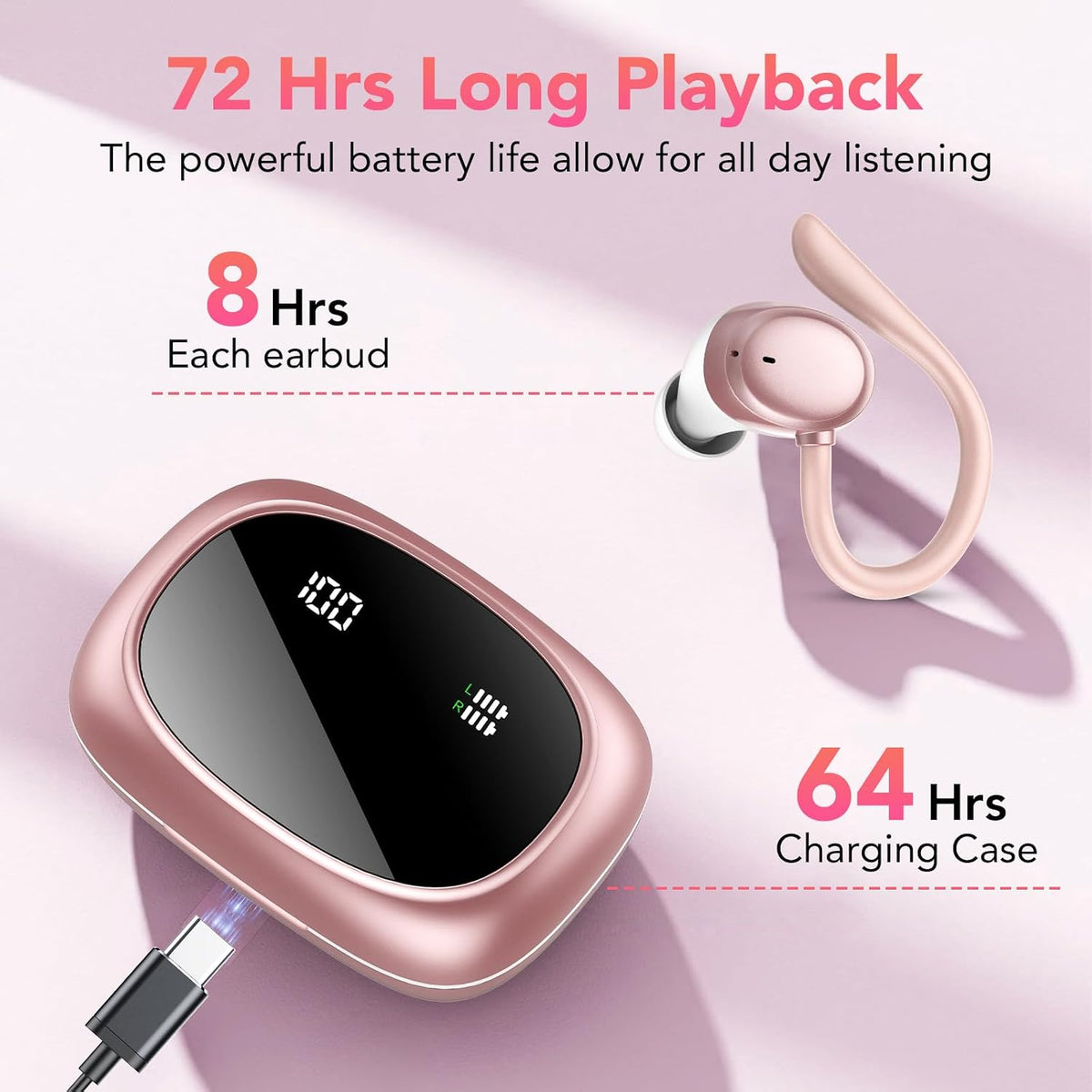 Bluetooth Headphones Wireless Earbuds 72hrs Playtime Wireless Charging Case Digital Display, Ear Buds with Earhook,IPX7 Waterproof, Deep Bass 2.0,Over-Ear Earphones for Sport Running