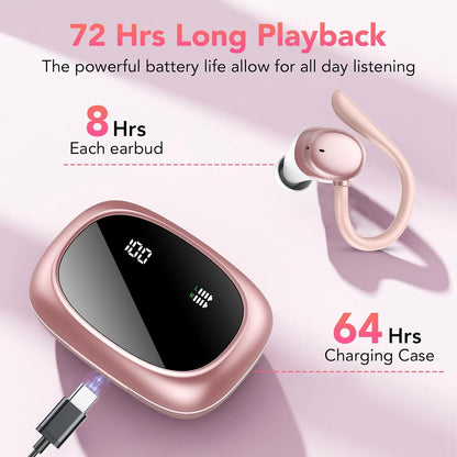 Bluetooth Headphones Wireless Earbuds 72hrs Playtime Wireless Charging Case Digital Display, Ear Buds with Earhook,IPX7 Waterproof, Deep Bass 2.0,Over-Ear Earphones for Sport Running