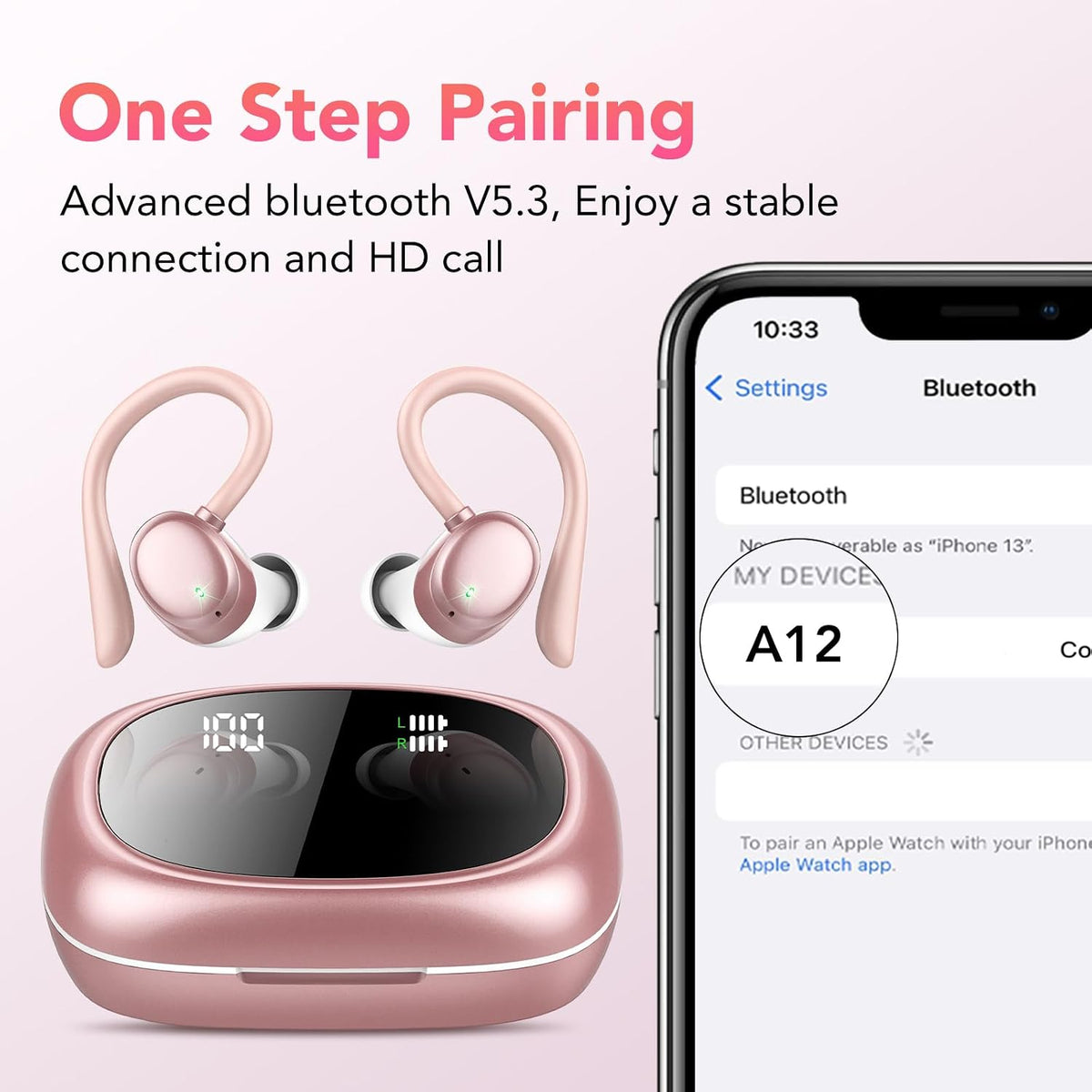 Bluetooth Headphones Wireless Earbuds 72hrs Playtime Wireless Charging Case Digital Display, Ear Buds with Earhook,IPX7 Waterproof, Deep Bass 2.0,Over-Ear Earphones for Sport Running