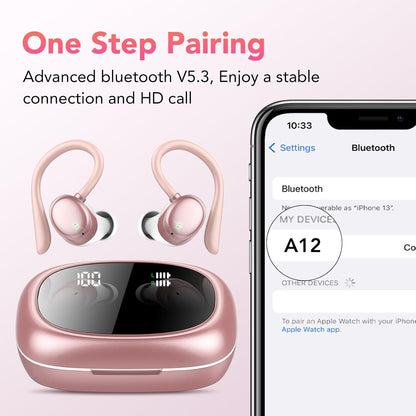 Bluetooth Headphones Wireless Earbuds 72hrs Playtime Wireless Charging Case Digital Display, Ear Buds with Earhook,IPX7 Waterproof, Deep Bass 2.0,Over-Ear Earphones for Sport Running