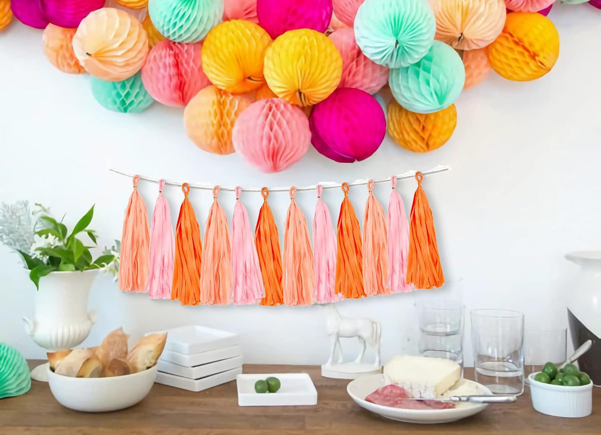 15PCS Pink Orange Peach DIY Tissue Tassel Garland Groovy Retro Party Tassel Banner Bunting Streamer for Girl Baby Shower Groovy Halloween Birthday Bridal Shower Nursery Classroom Wall Hanging Décor
